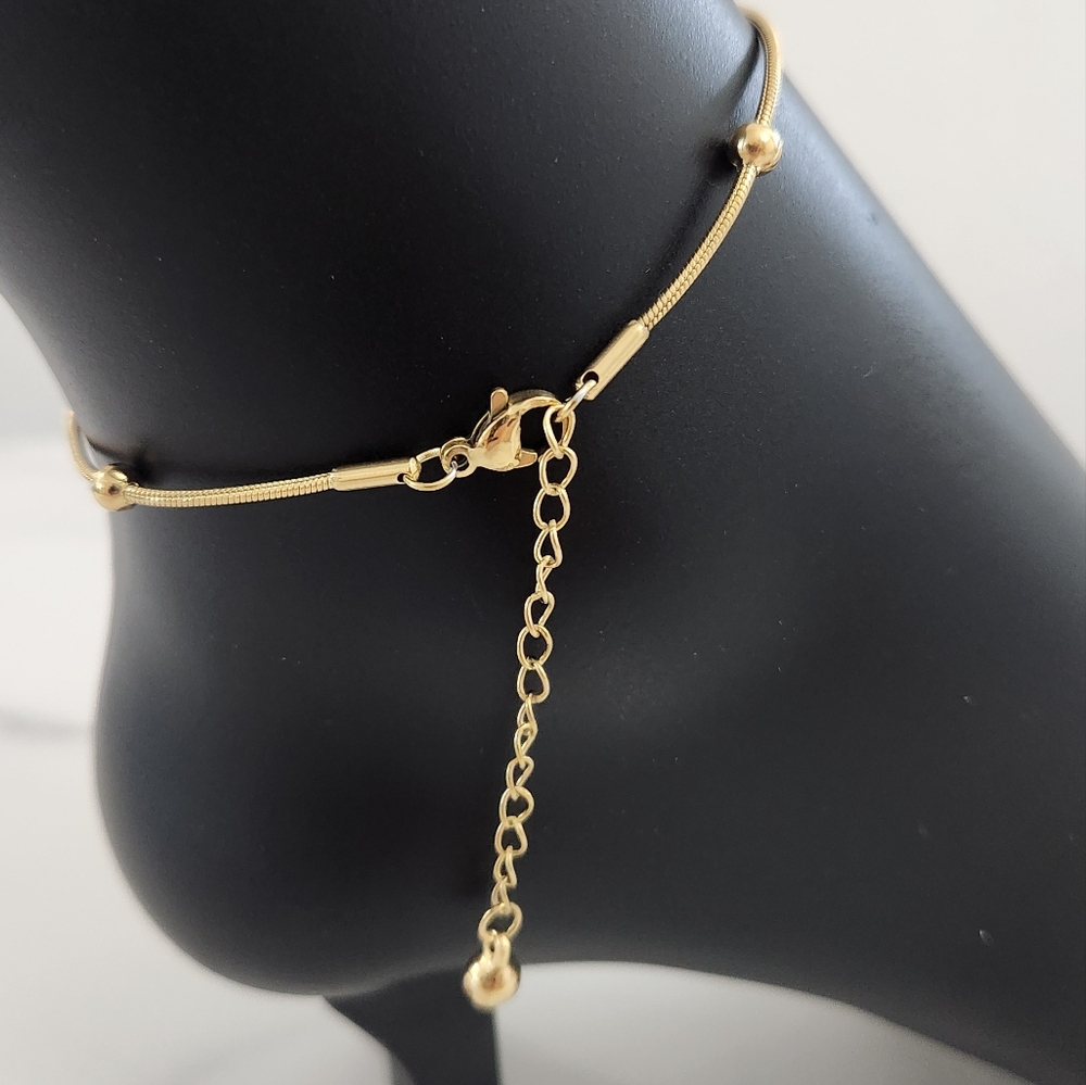 Gold Plated Anklet • Snake Chain with Round Beads • Adjustable Dainty Anklet - Picture 6 of 11